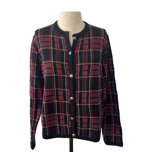 Pendleton 100% Wool Red Navy Plaid Tartan Cardigan Size M Petites 90s Vintage - Picture 1 of 5